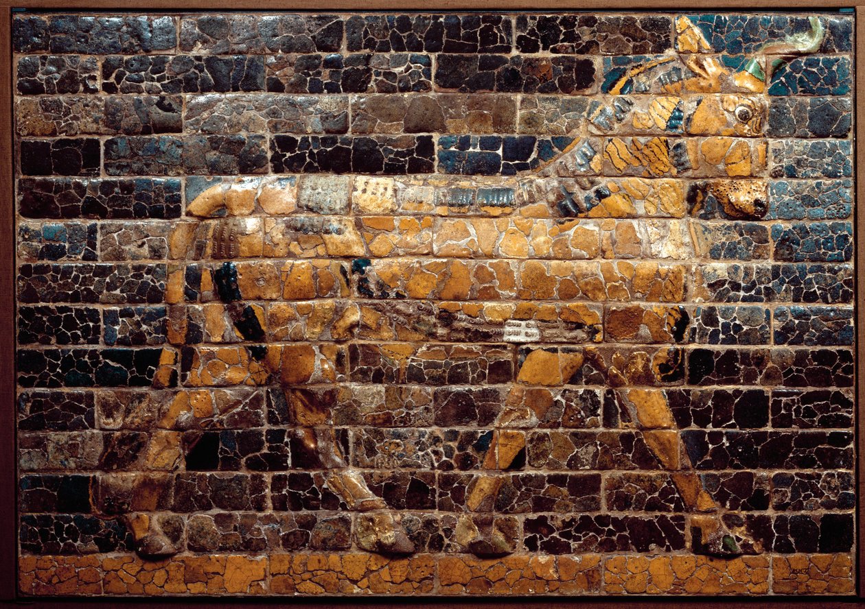Mesopotamien: ""tyr på vej""". Emaljerte fliser fra Ishtar-porten. Babylon (Irak) på kong Nebukadnezar II