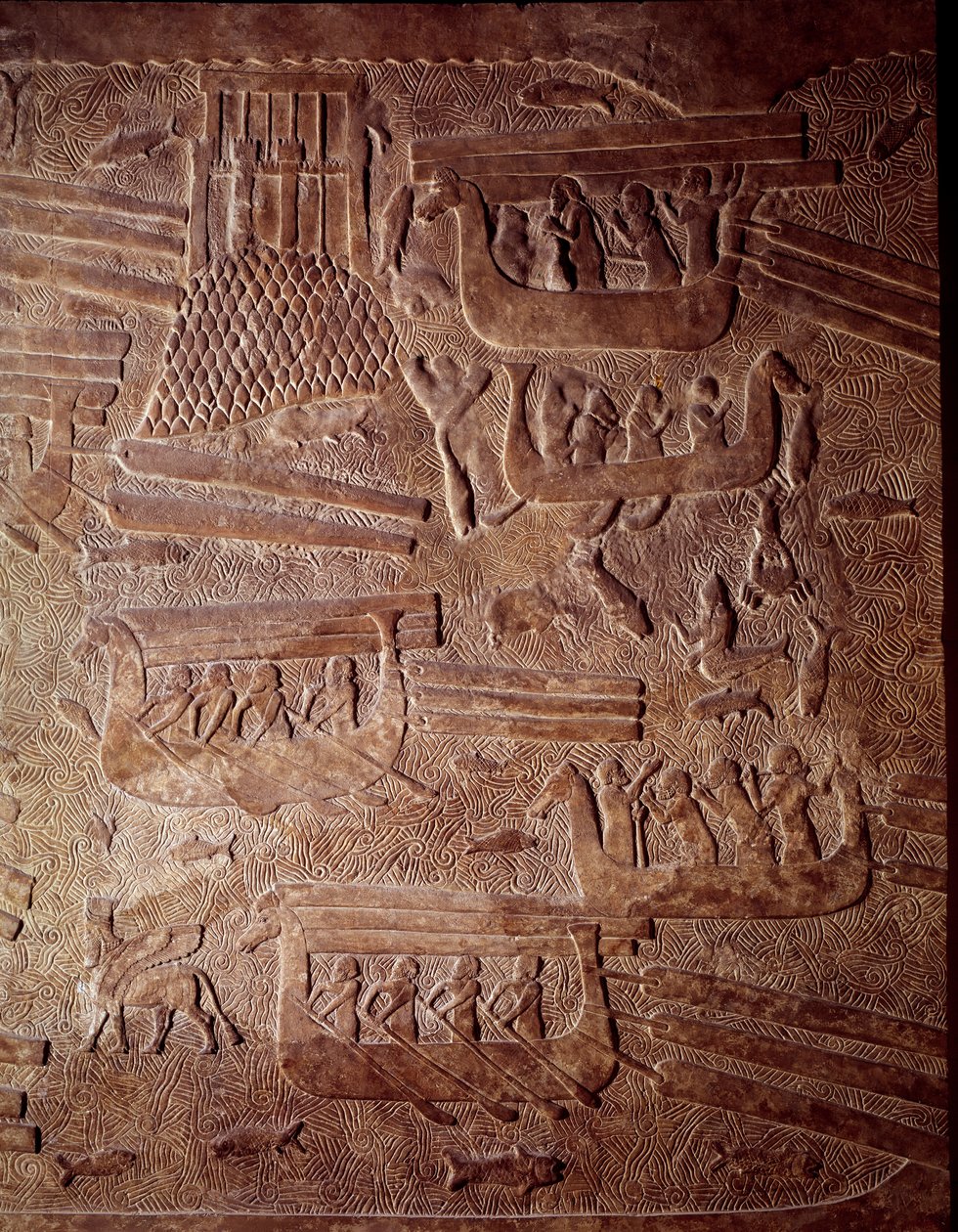Mesopotamien: maritim scene, der repræsenterer transporten af træ til Libanon. Detalje af en lavrelief albaster fra Khorsabad (Khunsabad). Regne af Sargon II. 710 f.Kr. Paris, Louvre-museet af Mesopotamian Mesopotamian
