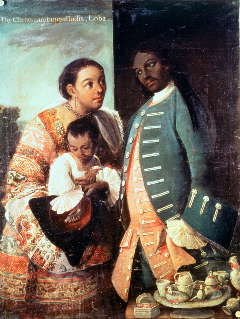 A Half-Breed and his Lobo Indian Wife and their Child, fra en serie om blandede racers ægteskaber i Mexico (olie på lærred) af Mexican School