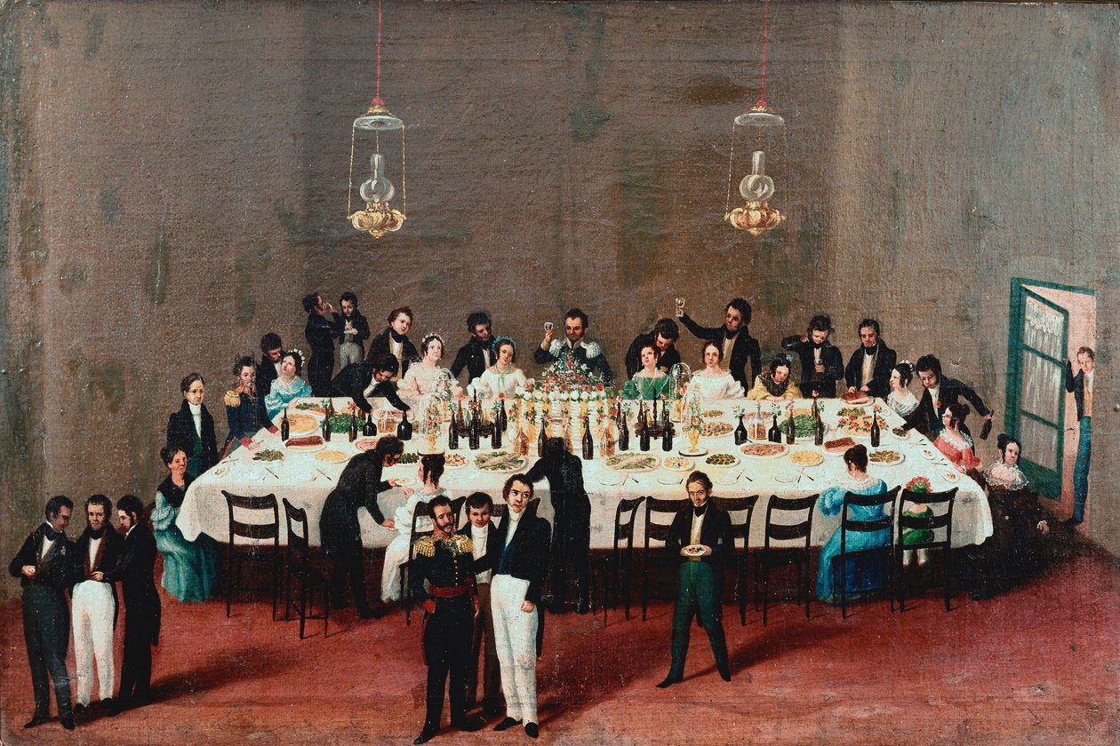 Banket til ære for general Antonio Leon i Oaxaca, Mexico Maleri af den mexicanske populære skole i det 19. århundrede. Mexico City, Nationalhistorisk Museum af Mexican School
