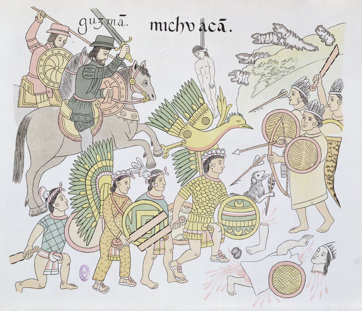Slaget ved Michoacan mellem spanierne og aztekerne, illustration fra en faksimile af en mexicansk indisk billedhistorie Lienzo de Tlaxcala fra ca. 1550, 1892 af Mexican School