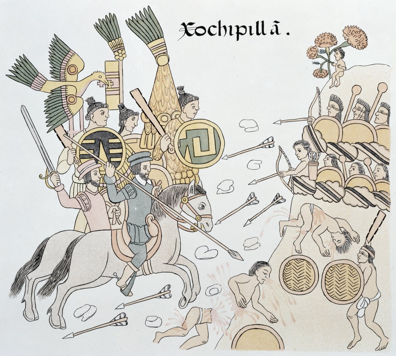 Slaget ved Xochipilla mellem spanierne og aztekerne, illustration fra en faksimile af en mexicansk indisk billedhistorie Lienzo de Tlaxcala fra ca. 1550, 1892 af Mexican School