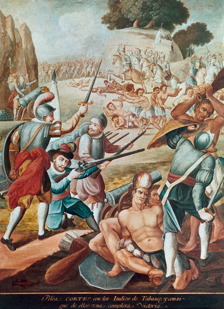 Erobring af Mexico: kamp mod Hernando Cortes (Hernan Cortez) (1485-1547) til indianerne i Tabasco i 1519"" Maleri af den mexicanske skole af Mexican School