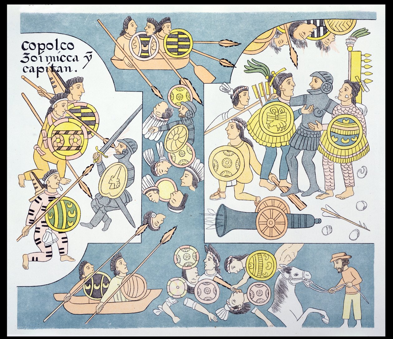 Sidste kamp mellem Hernando Cortes (1485-1547) og Cuauhtemoc ved Tenochtitlan, august 1521, illustration fra en faksimile af en mexicansk indisk billedhistorie Lienzo de Tlaxcala fra ca. 1550, 1892 (colo af Mexican School
