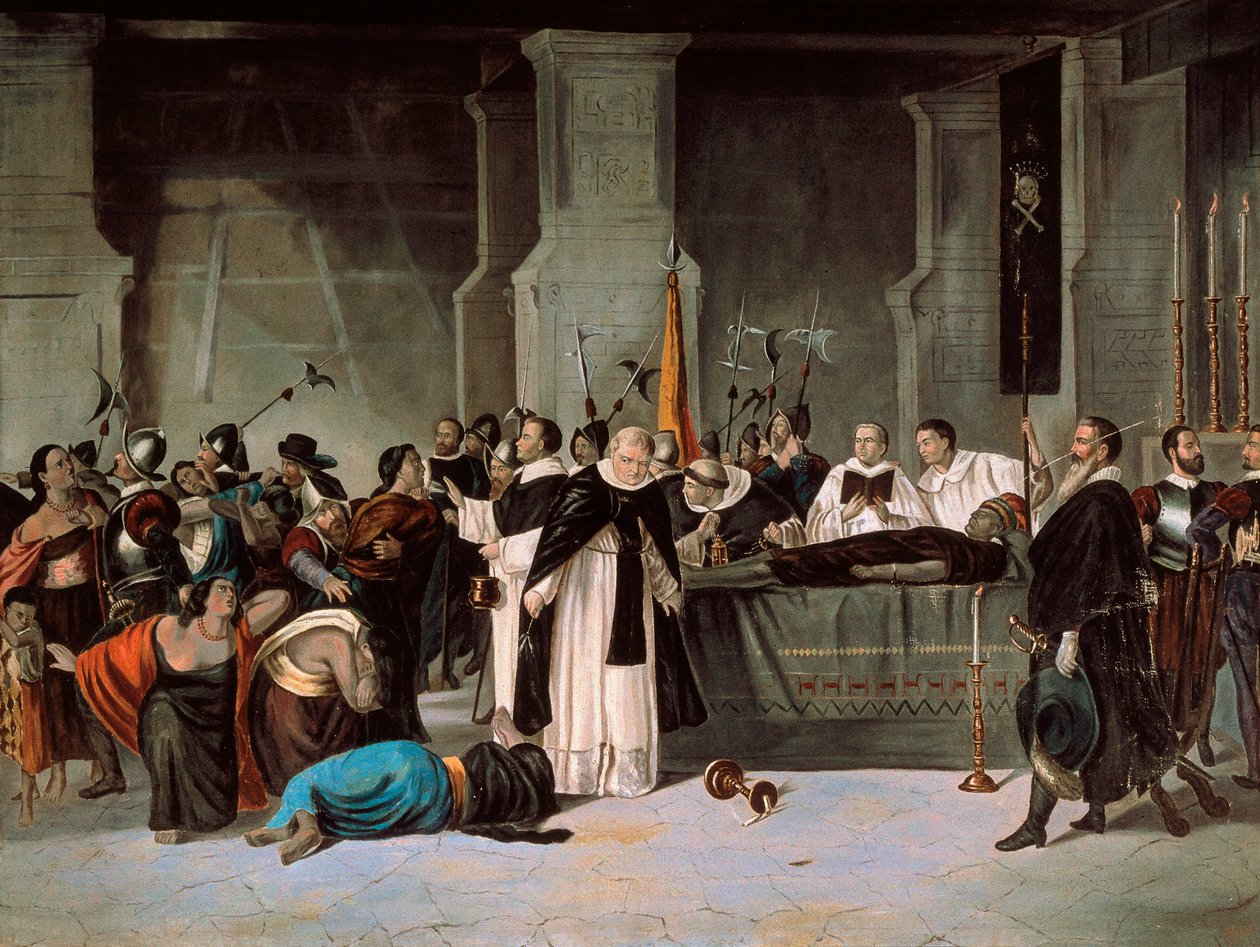 Atahualpas begravelse, august 1533, ca. 1869 (olie på lærred) af Mexican School