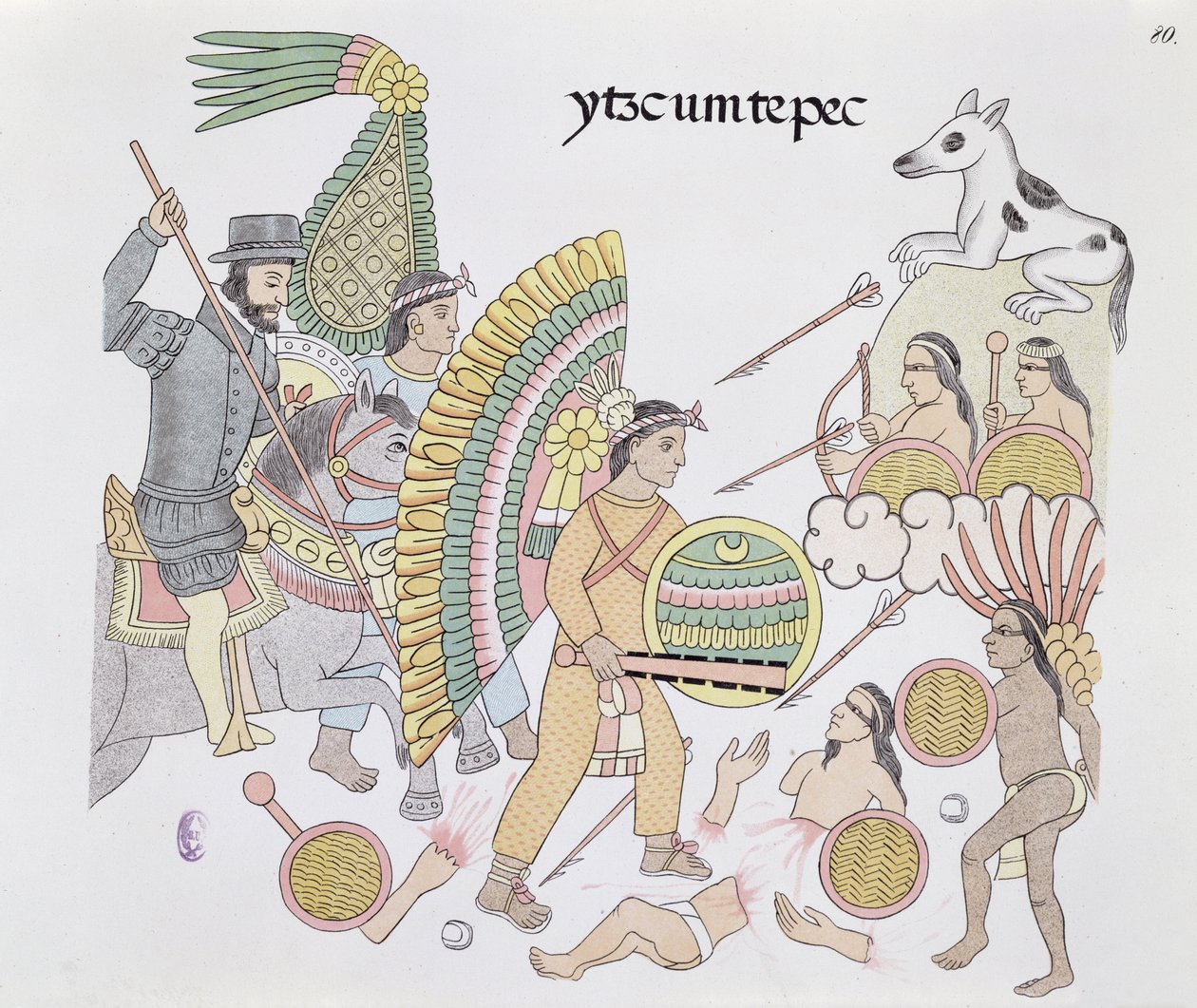 Hernando Cortes (1485-1547), under belejring ved Tenochtitlan, beslutter at forlade byen, illustration fra en faksimile af en mexicansk indisk billedhistorie Lienzo de Tlaxcala fra ca. 1550, 1892 (farve litho af Mexican School