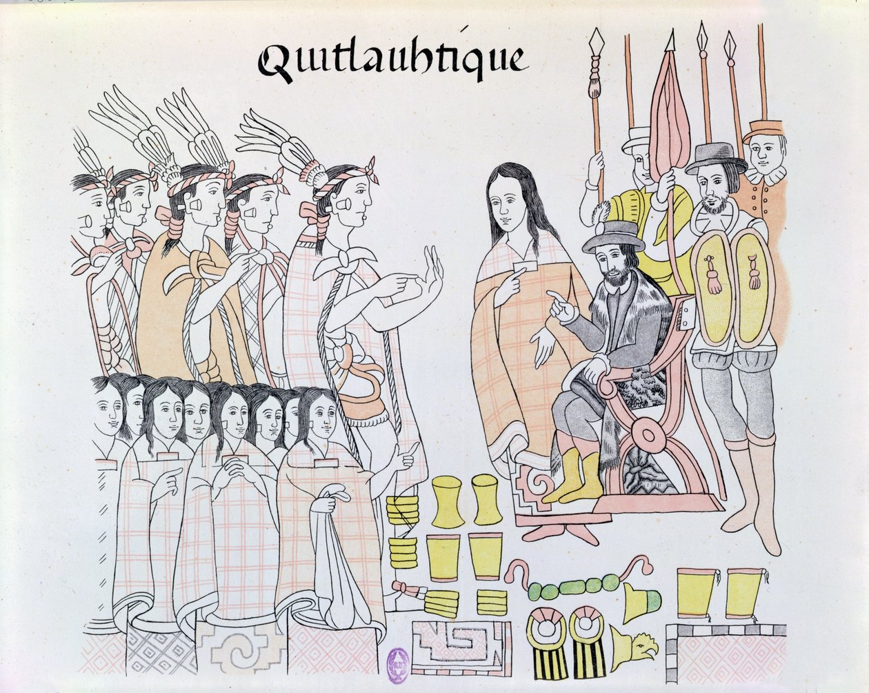 La Malinche (Dona Marina) som tolk under præsentationen af kvinder og guld af Montezuma (1466-1520) til Hernando Cortes (1485-1547) illustration fra en faksimile af et mexicansk indisk billede af Mexican School