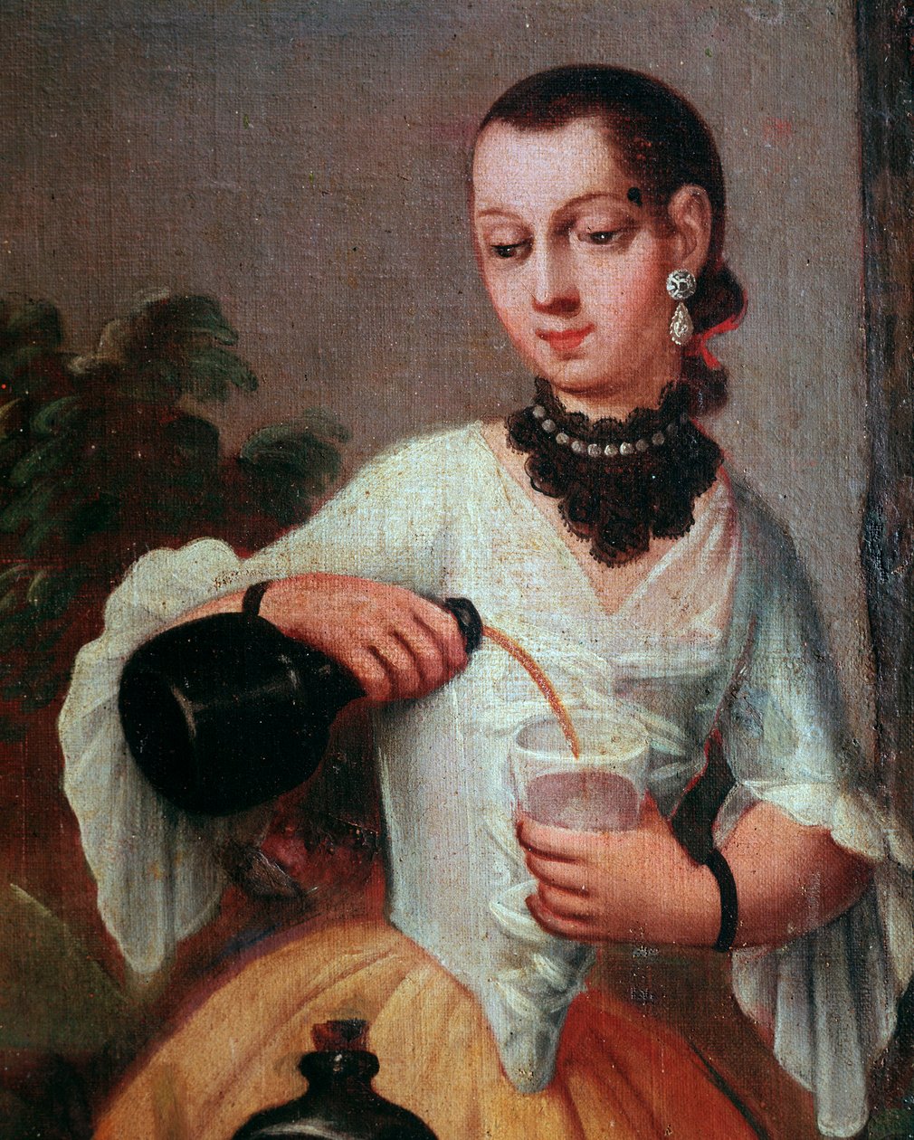 Dame, der hælder vin i et glas (Lady, der hælder vin i et glas) Skærmdetalje, maleri af den mexicanske skole af Mexican School