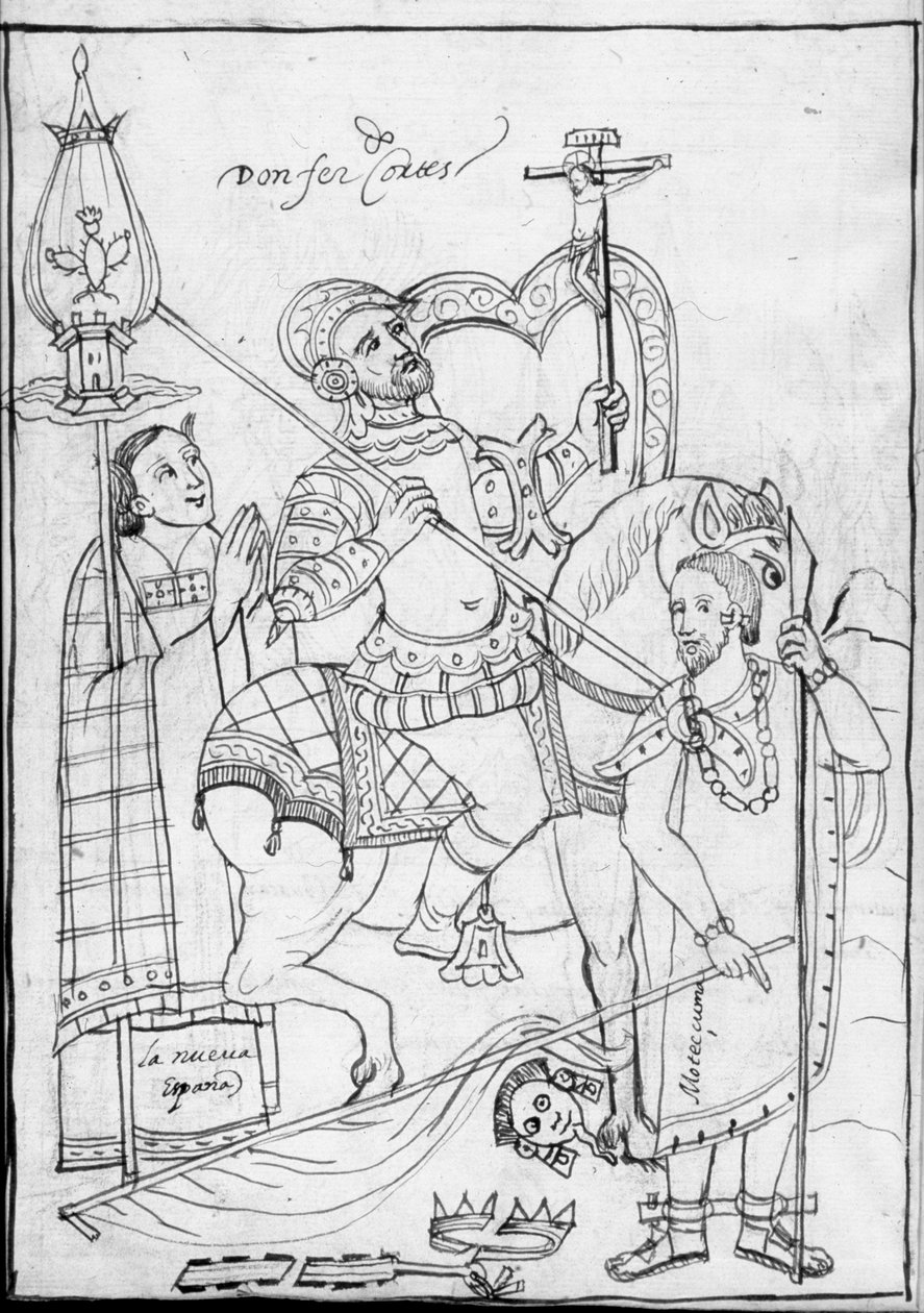 MS Hunter 242 f.246v, Cortes til hest, stående over den besejrede aztekerkonge Moctezuma, illustration fra Historia de Tlaxcala af Diego Munoz Camargo af Mexican School
