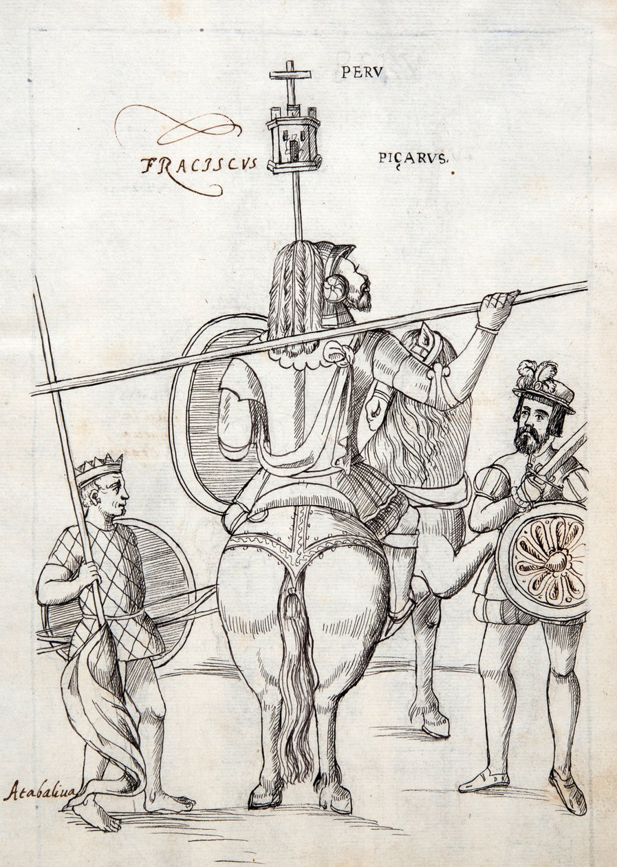 MS Hunter 242 f.248r Picarus, eller Pizarro, og krigshest, illustration fra Historia de Tlaxcala af Diego Munoz Camargo af Mexican School