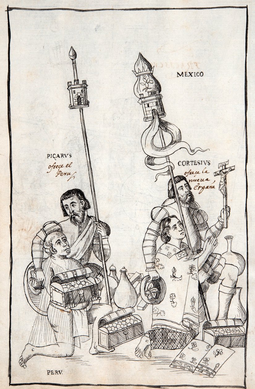 MS Hunter 242 f.248v Picarus (Pizarro) præsenterer Peru og Cortesius (Cortes) Nueva Espana, illustration fra Historia de Tlaxcala af Diego Munoz Camargo af Mexican School