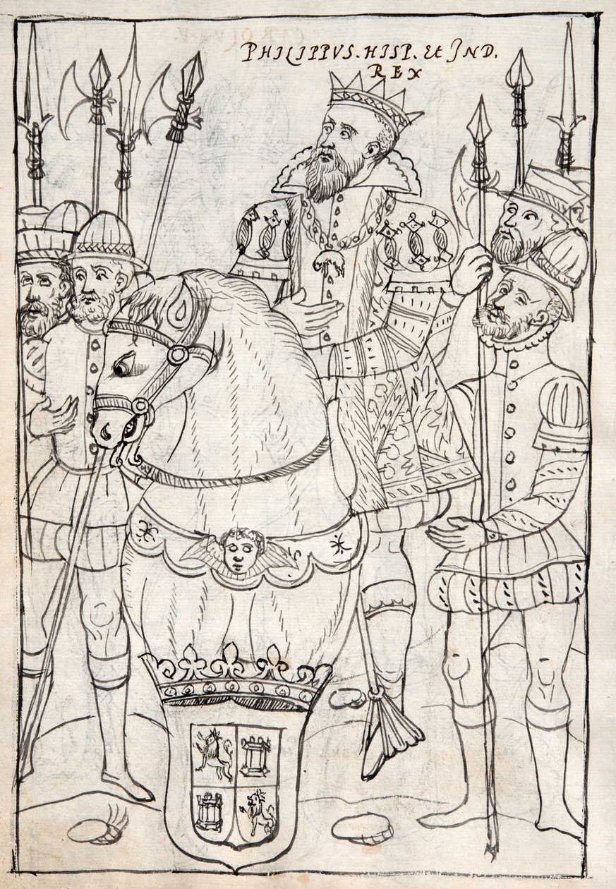 MS Hunter 242 f.249v Philip II siddende på hesteryg, iført orden af det gyldne skind, omgivet af stridende mænd, illustration fra Historia de Tlaxcala af Diego Munoz Camargo (pen & blæk af Mexican School