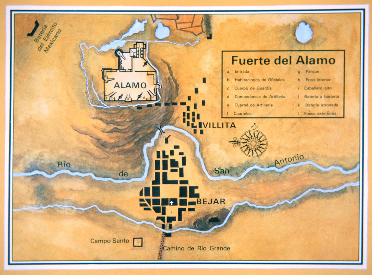 Kort over Alamo-området i San Antonio baseret på Santa Annas originale slagmarkskort af Mexican School