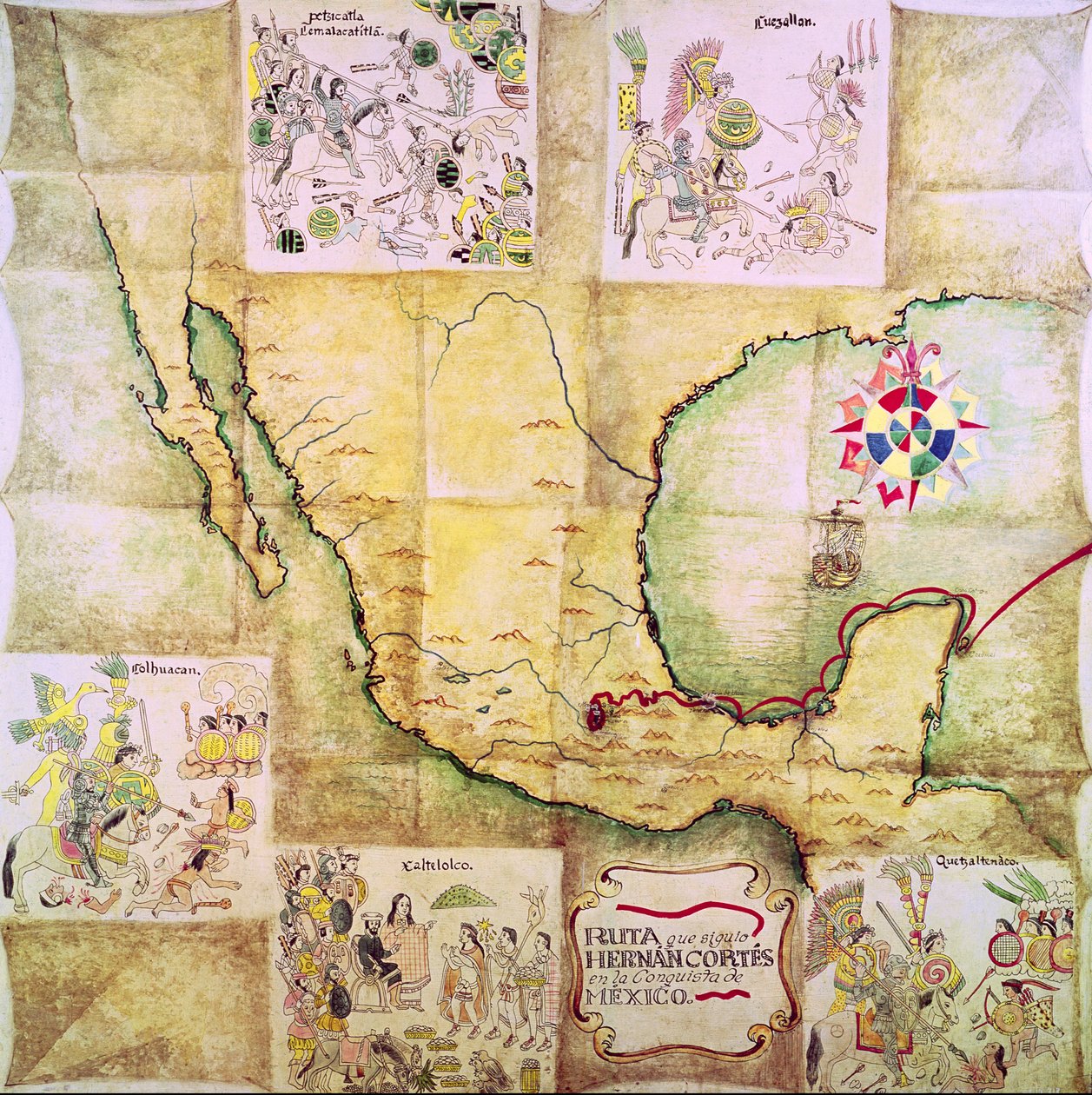 Kort over ruten fulgt af Hernando Cortes (1485-1547) under erobringen af Mexico af Mexican School