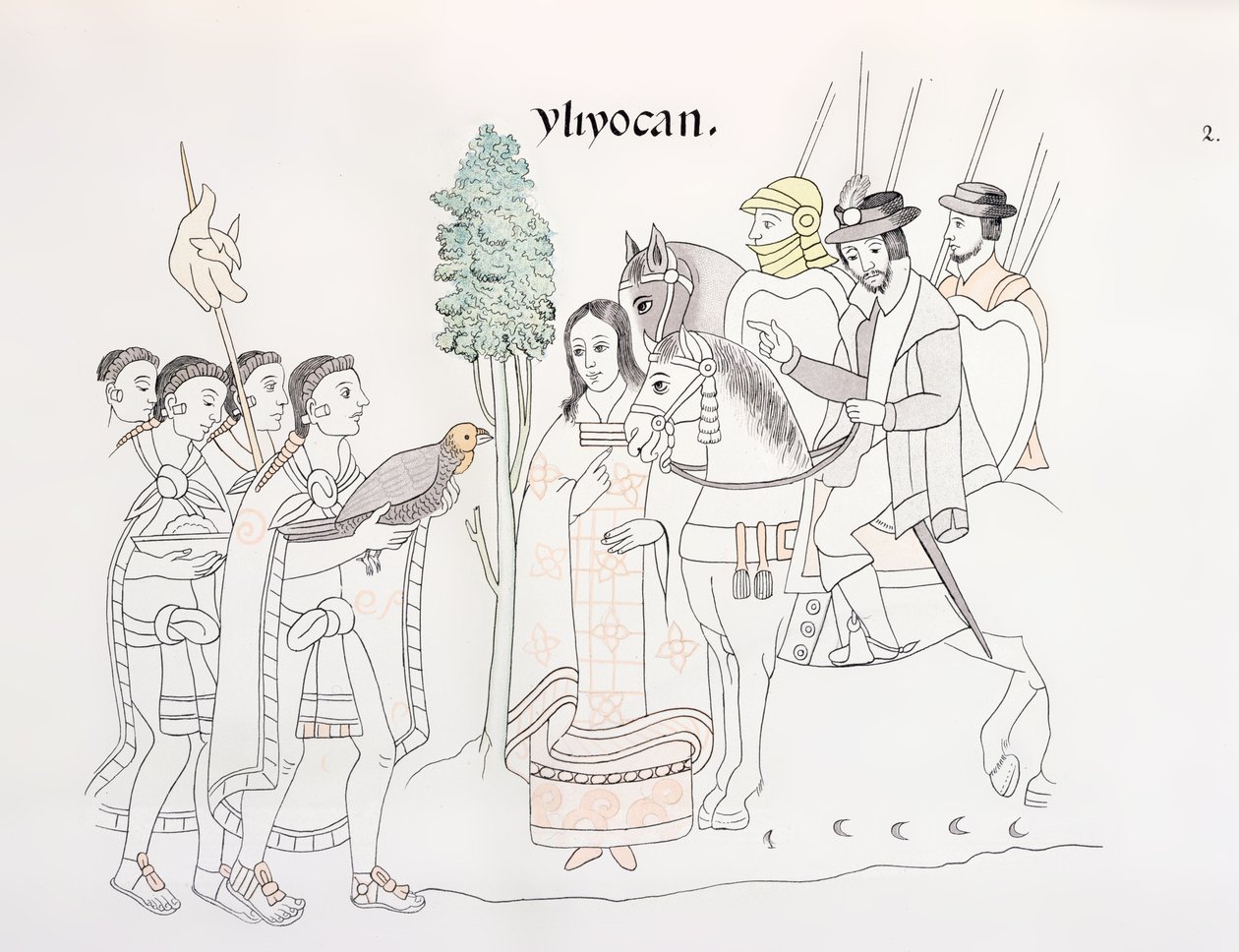 Møde mellem Hernando Cortes (1485-1547) og aztekerne, illustration fra en faksimile af en mexicansk indisk billedhistorie Lienzo de Tlaxcala fra ca. 1550, 1892 af Mexican School