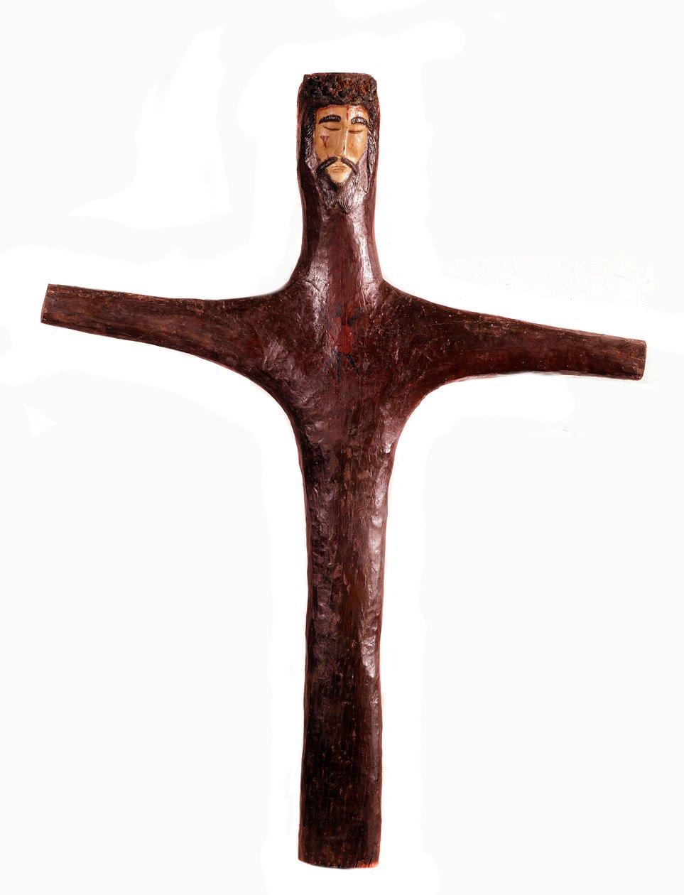Mexicansk kunst: polykromt trækors med Kristi hoved udskåret i ét stykke. 17. århundrede søn. 2x1,56 m Mexico. Michoacan Regional Museum af Mexican School