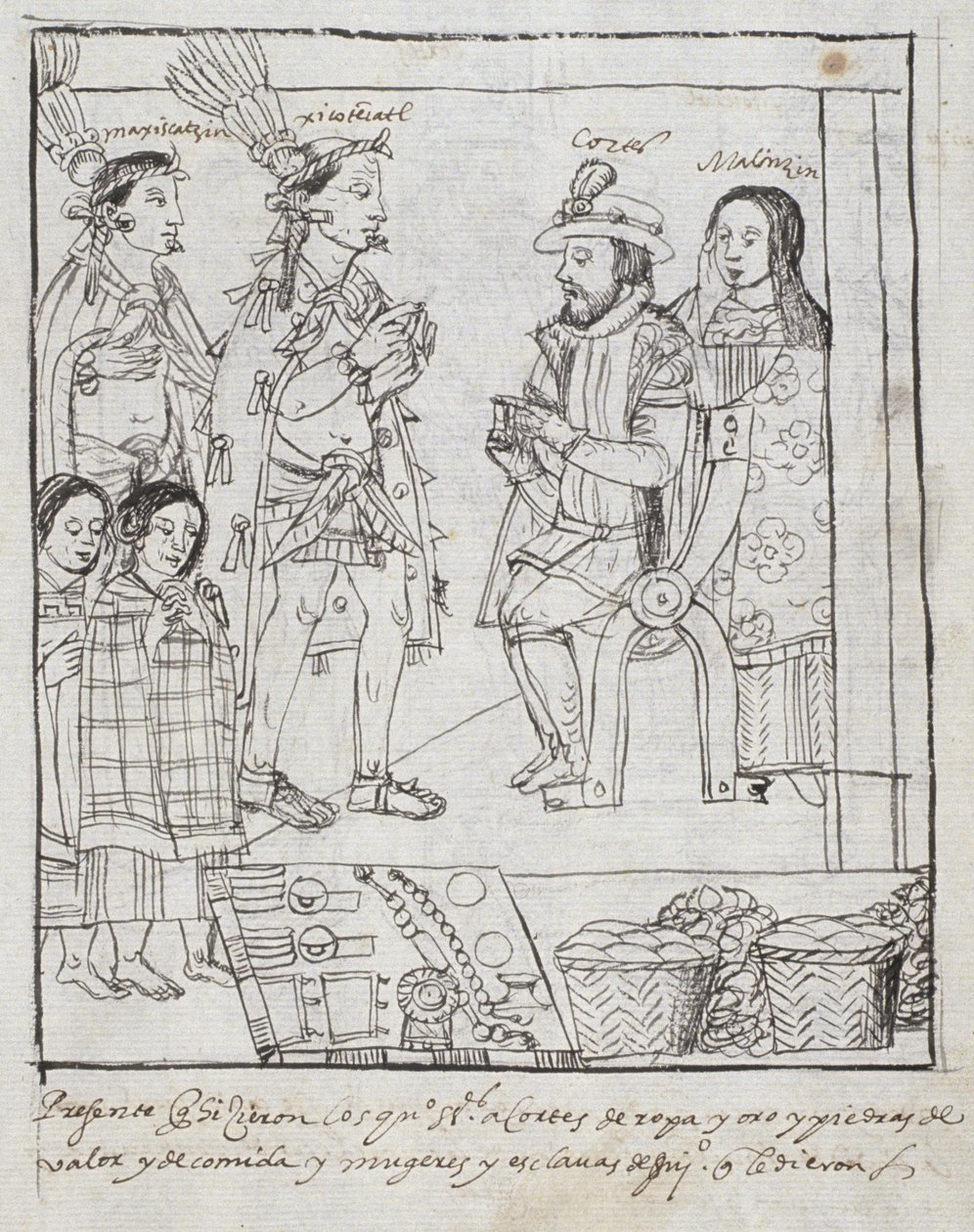Montezuma møder Cortez Ms Hunter 242 f.255r Conquest of Mexico, fra Historia de Tlaxcala af Diego Munoz Camargo af Mexican School