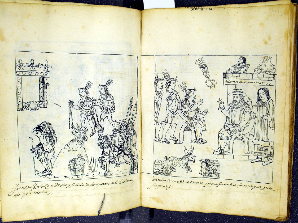 Ms Hunter 242 256v-257r Cortez og Montezuma, fra Historia de Tlaxcala af Diego Munoz Camargo af Mexican School