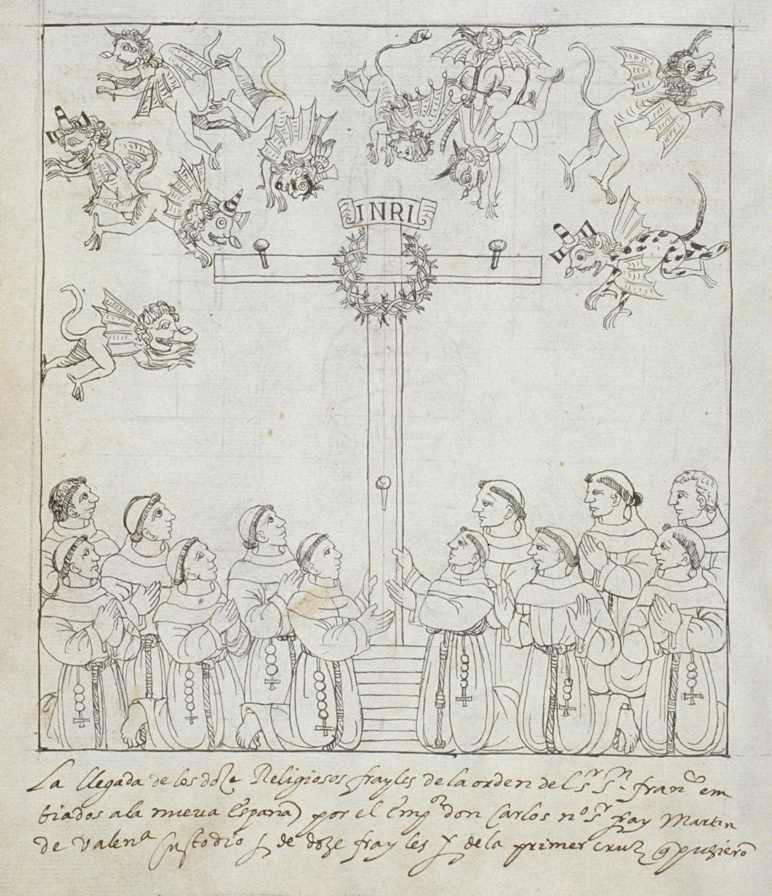 Ms Hunter 242 f.239v Opførelsen af det første kors, fra Historia de Tlaxcala af Diego Munoz Camargo af Mexican School