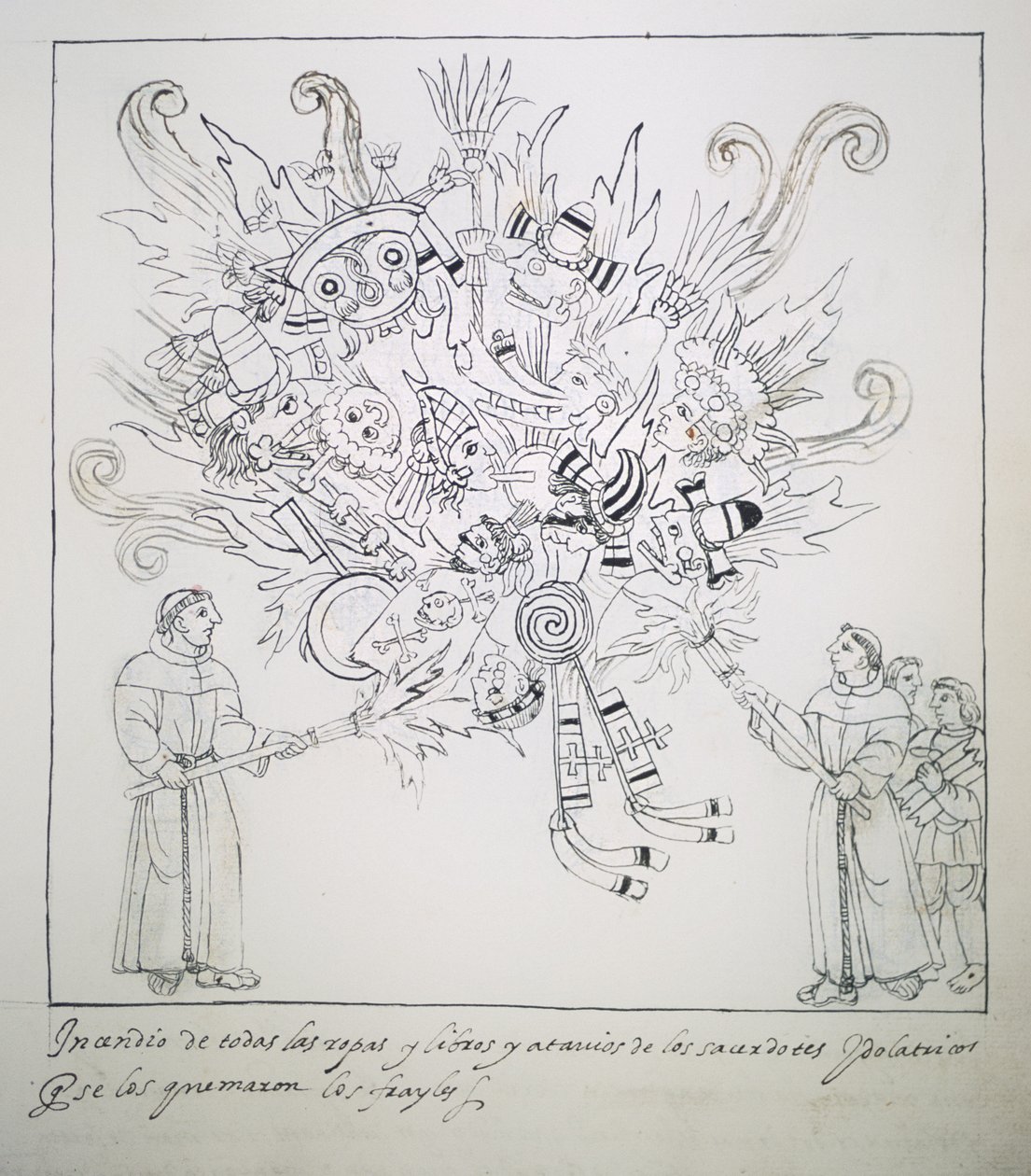 Ms Hunter 242 f.242r franciskanerbrødre, der brænder traditionelle bøger og tøj, fra Historia de Tlaxcala af Diego Munoz Camargo af Mexican School