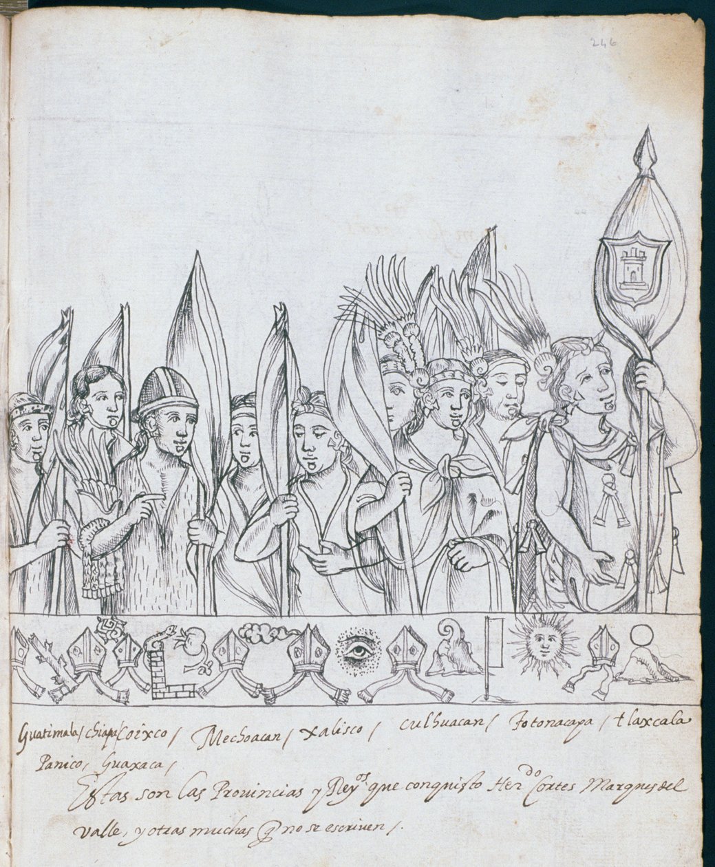 Ms Hunter 242 f.246r Repræsentanter for de mexicanske provinser, fra Historia de Tlaxcala af Diego Munoz Camargo af Mexican School