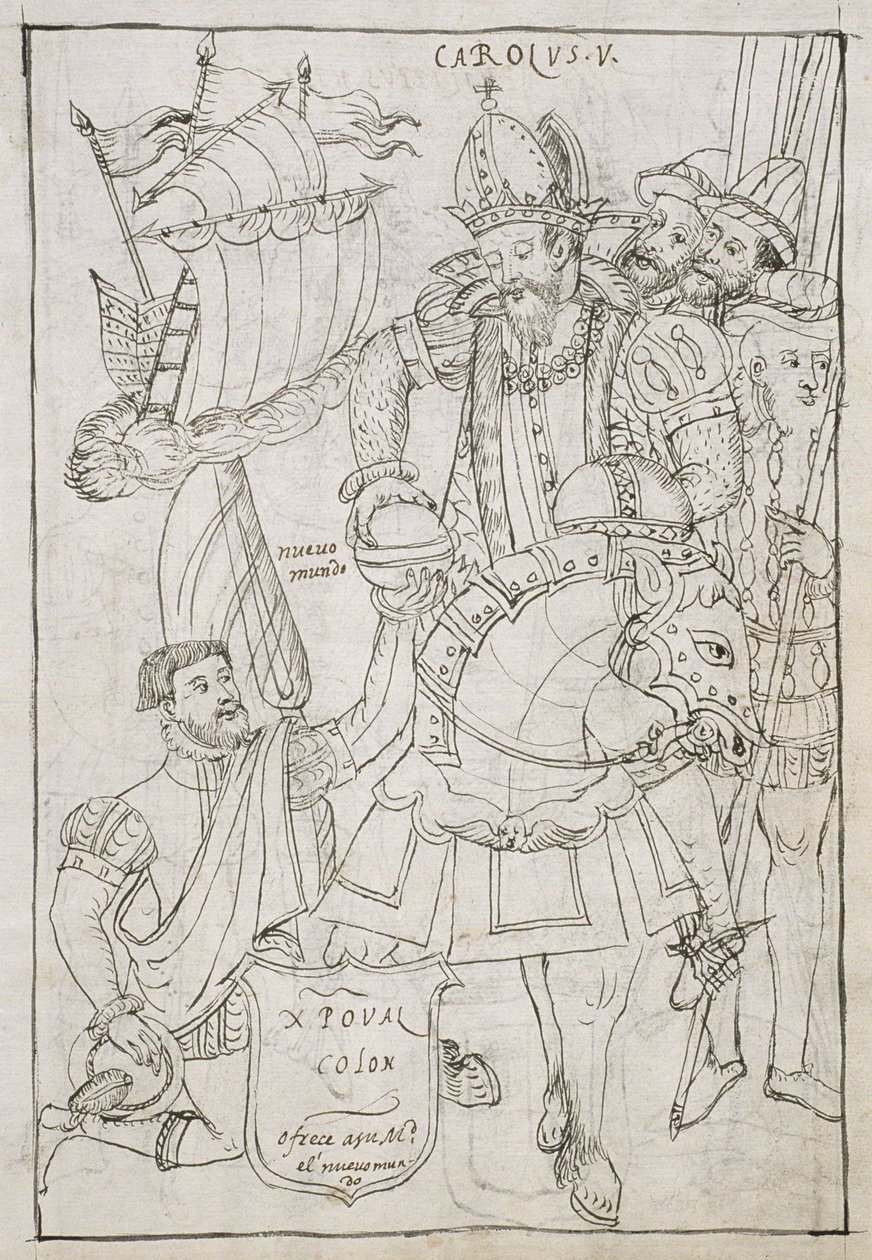 Ms Hunter 242 f.249r Christopher Columbus (1451-1506) tilbyder symbolsk den nye verden til Charles V (1500-08), fra Historia de Tlaxcala af Diego Munoz Camargo af Mexican School