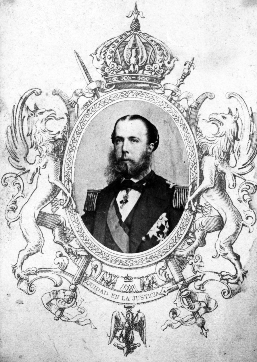 Portræt af kejser Maximilian i det mexicanske kejserlige våbenskjold (bw foto og gravering) af Mexican School