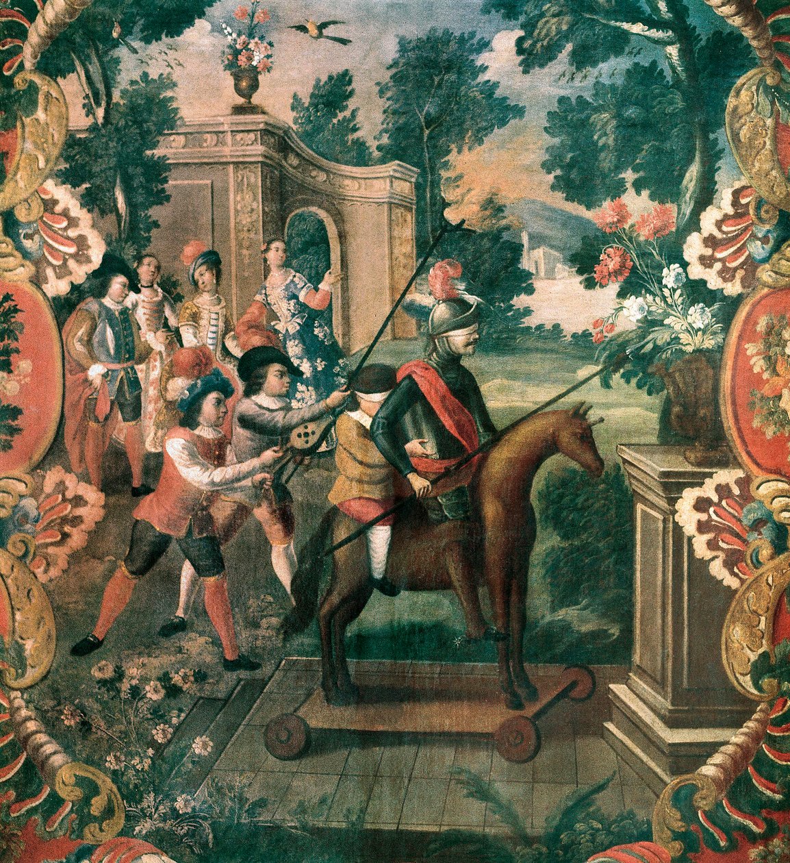 Scene taget fra "Don Quixote of the Channel" (Den geniale gentleman Don Quixote fra La Mancha) af Miguel de Cervantes Saavedra (1547-1616) af Mexican School
