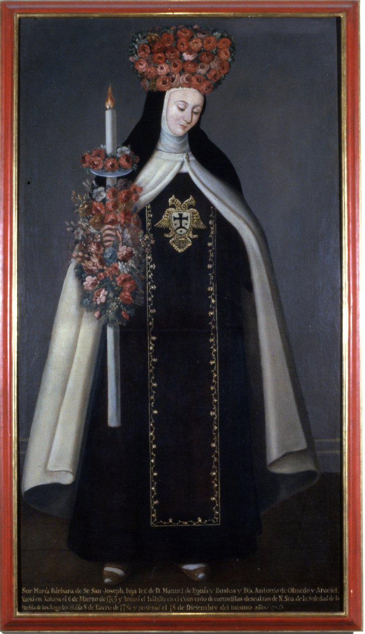 Søster Maria Barbara de St. Joseph kronet med blomster, Carmelite Convent, Puebla, Mexico af Mexican School