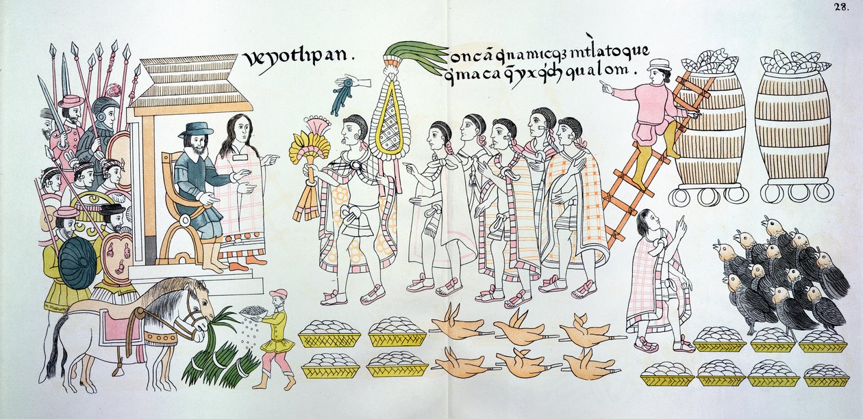 Tlaxcalan-høvdingen, Maxixcatzin, overrækker en buket roser og andre gaver til Hernando Cortes (1485-1547) som velkomsttegn, illustration fra en faksimile af en mexicansk indisk billedhistorie af Mexican School