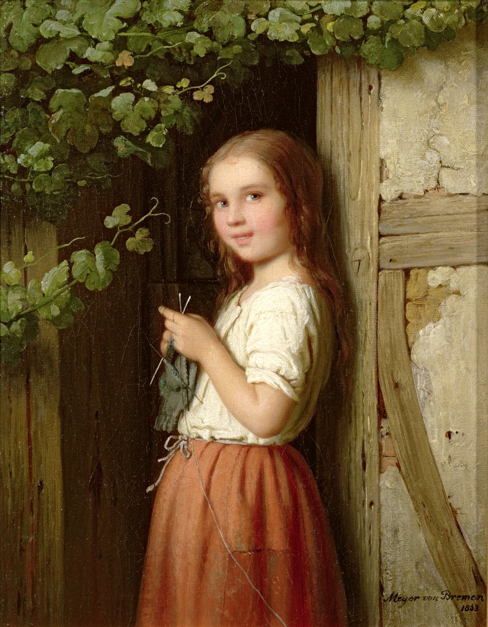 Ung pige, der står i en døråbning, strikker, 1863 af Johann Georg Meyer von Bremen