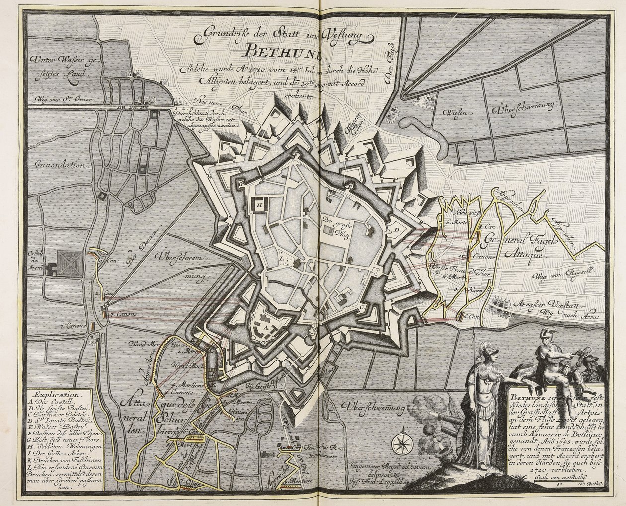 Grundplan af byen og fæstningen Bethune, som blev belejret af de højallierede fra 14. juli 1710. Iul. af de høje All¨yrten og erobret den 30. aug. Aug. med Accord erobret / Ingeniør Meyer ad vivum delineavit. af Meyer