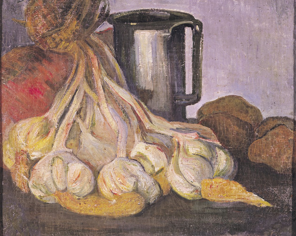 En bundt hvidløg og en tin tankard af Meyer Isaac de Haan