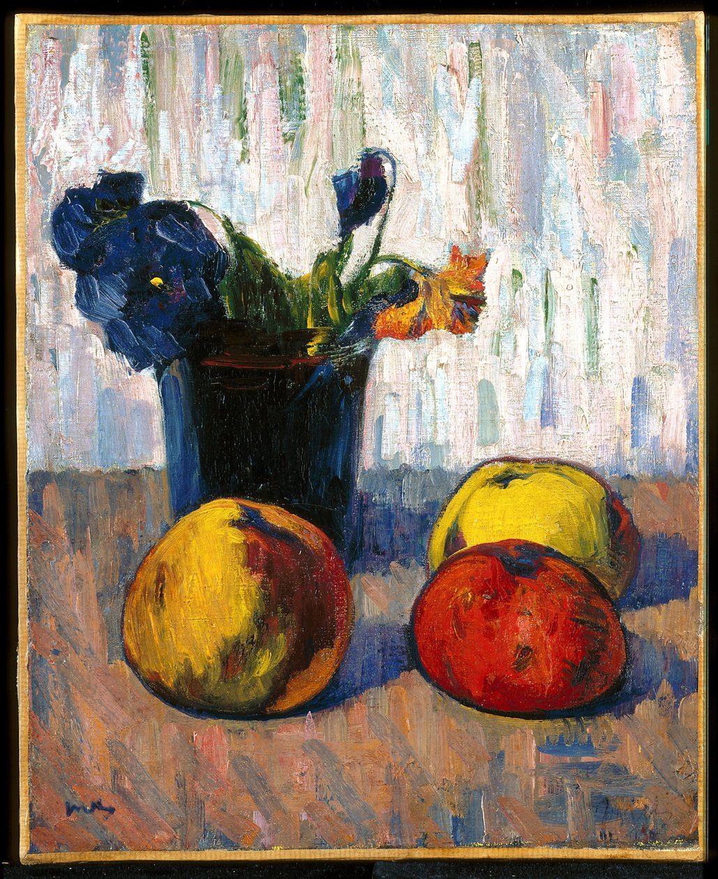 Stilleben med æbler og vase med blomster (olie på lærred) af Meyer Isaac de Haan