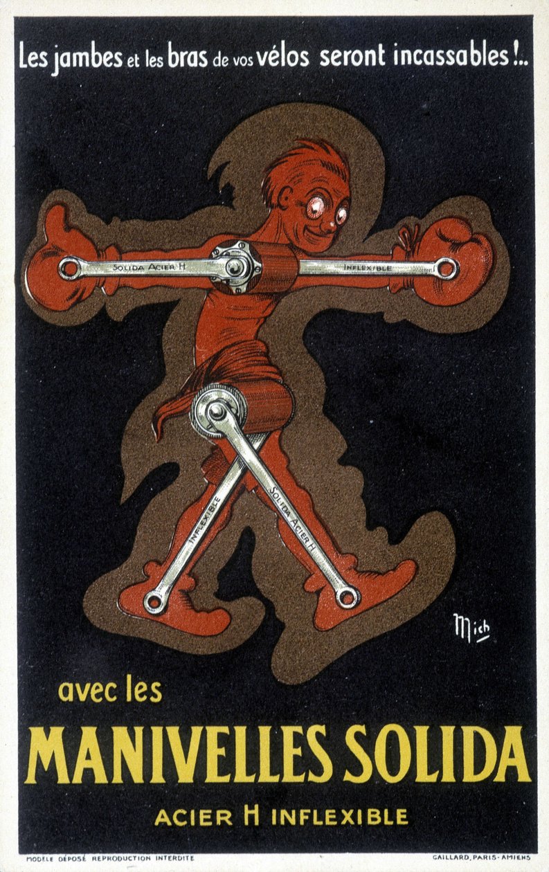 Annoncering for Velo håndsving lavet af massivt stål. Tegning af Mich (Michel Liebeaux af Mich