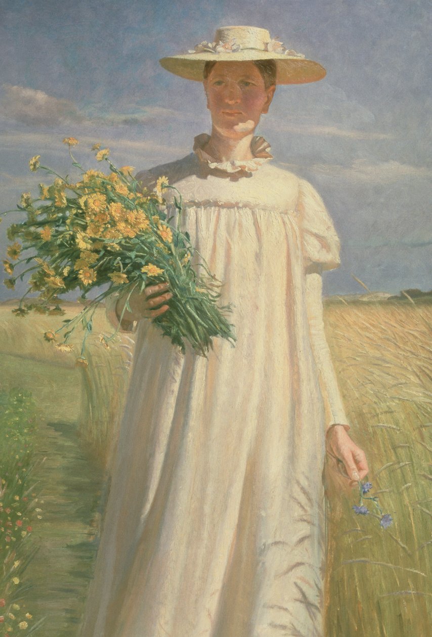 Anna Ancher vender tilbage fra blomsterplukning, 1902 af Michael Peter Ancher