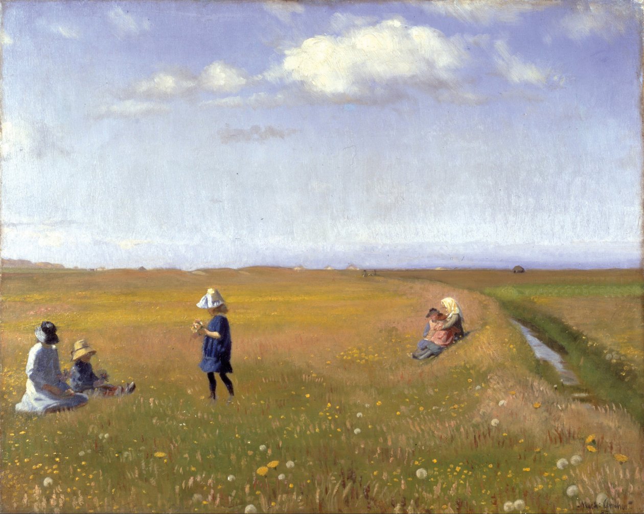 Børn og unge piger plukker blomster på en mark nord for Skagen af Michael Peter Ancher