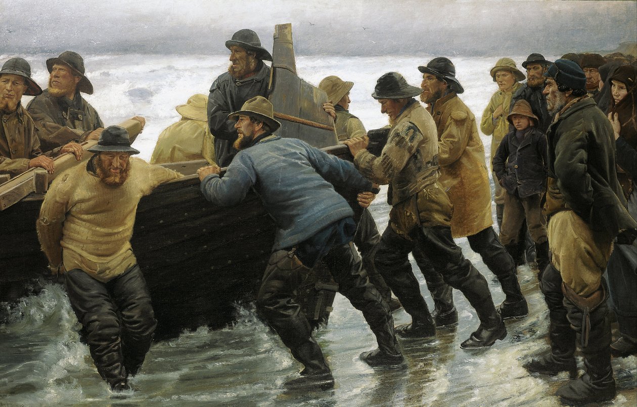 Fiskerne søsætter en robåd af Michael Peter Ancher