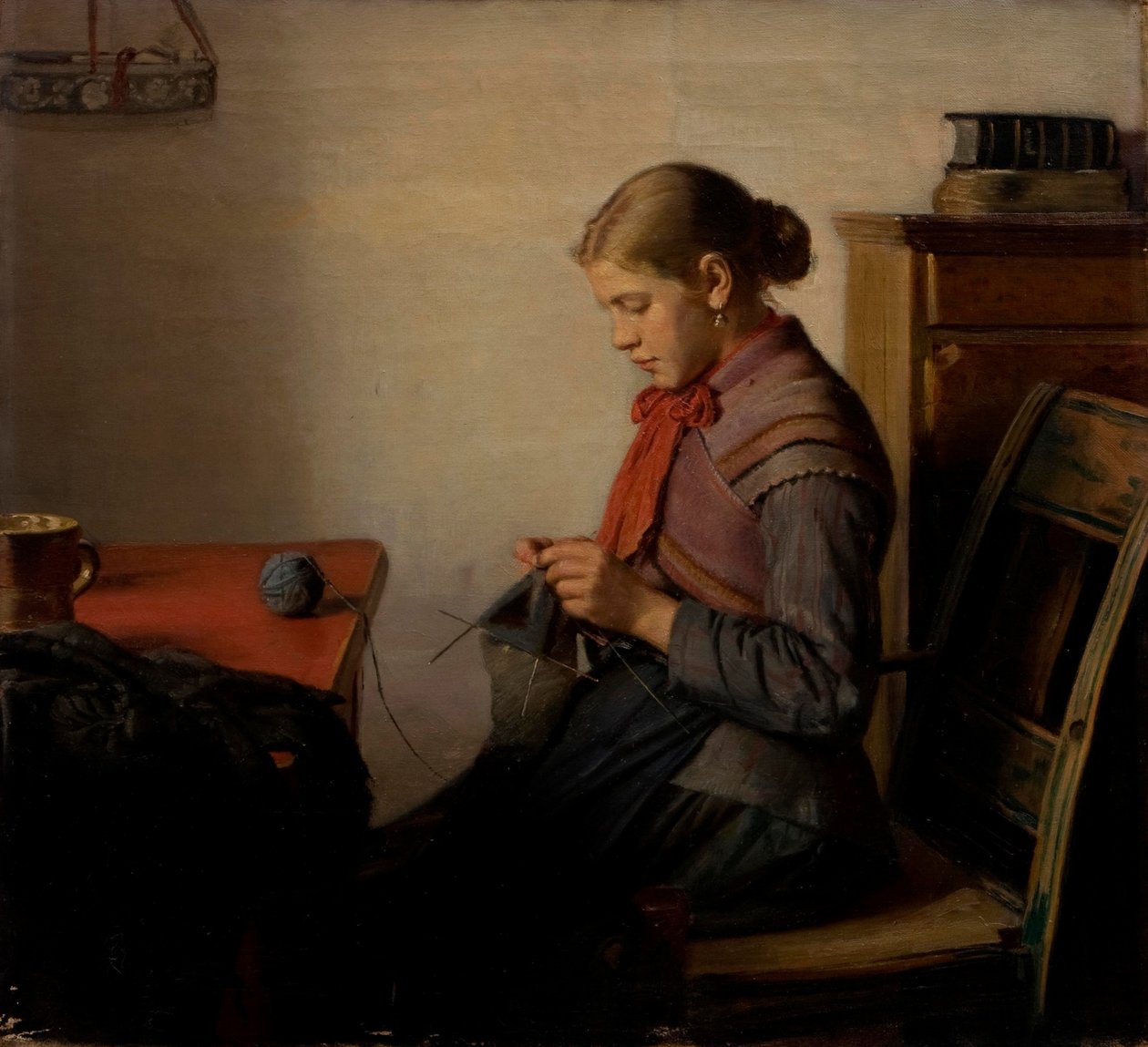 Skagen girl, Maren Sofie, knitting. af Michael Peter Ancher