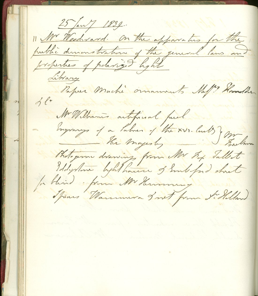 En side fra Michael Faradays notesbog, der annoncerer en visning af William Fox-Talbots nye fotografiske tegninger i Royal Institution, 25. juli 1839 af Michael Faraday