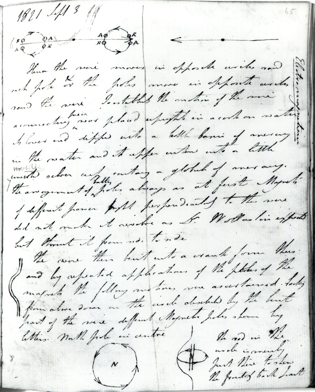 Side 73 fra Faradays notesbog, om "Rotation of Current Experiment", 3. september 1821 af Michael Faraday