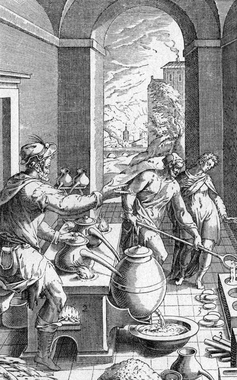 En alkymist i sit værksted, gravering fra Metallotheca af Michele Mercati (1541-1593) pub. 1719 af Michael Mercator
