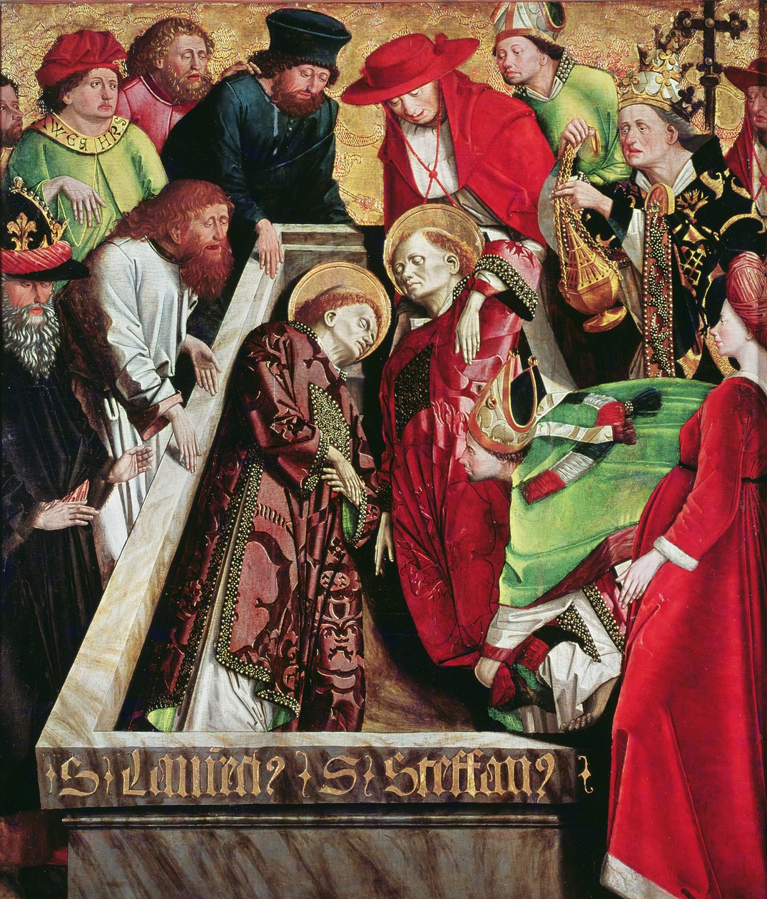 Begravelse af St. Stephen og St. Lawrence i Rom, fra altertavlen af St. Stephen, ca. 1470 af Michael Pacher
