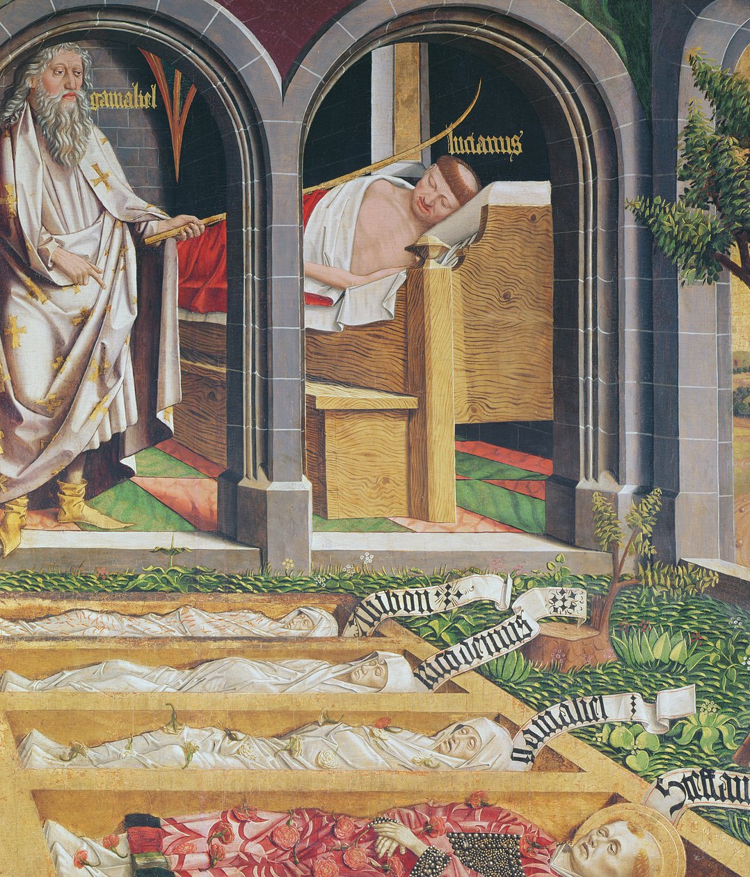 Gamaliels fremtræden for præsten Lucien, fra altertavlen af Sankt Stefan, ca. 1470 af Michael Pacher