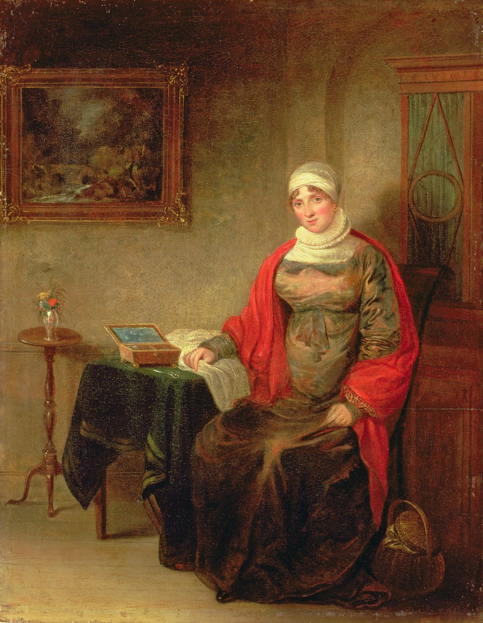 Portræt af fru John Crome siddende ved et bord ved en åben arbejdskasse af Michael William Sharp