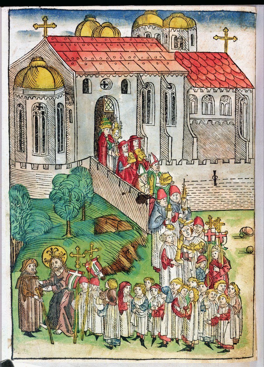 Pilgrim fra Santiago de Compostela og procession, 1491 (farvetræsnit) af Michael Wolgemut