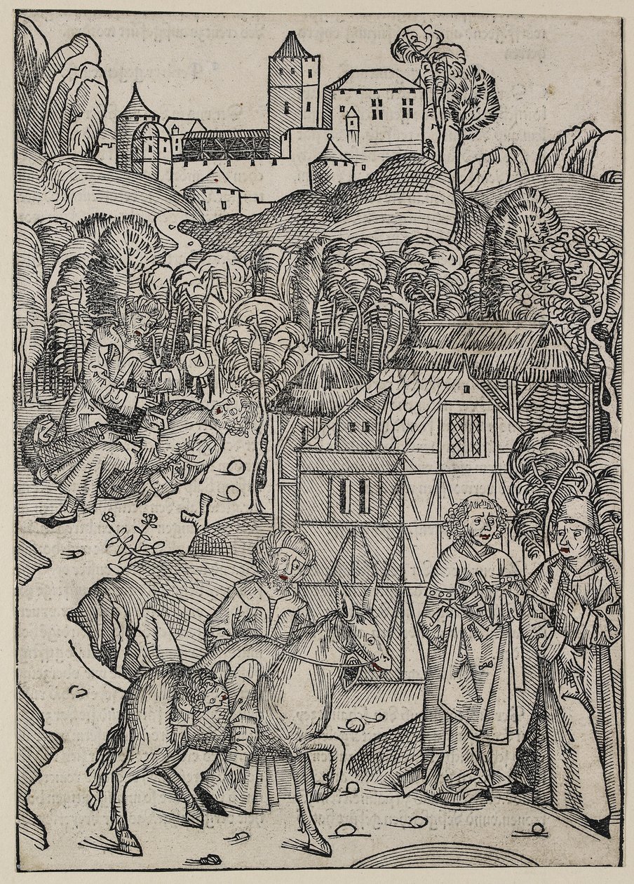 Anden del af lignelsen om den barmhjertige samaritaner, ca. 1491 (træsnit, overbearbejdet med rød akvarel, verso bogtryk) af Michael Wolgemut