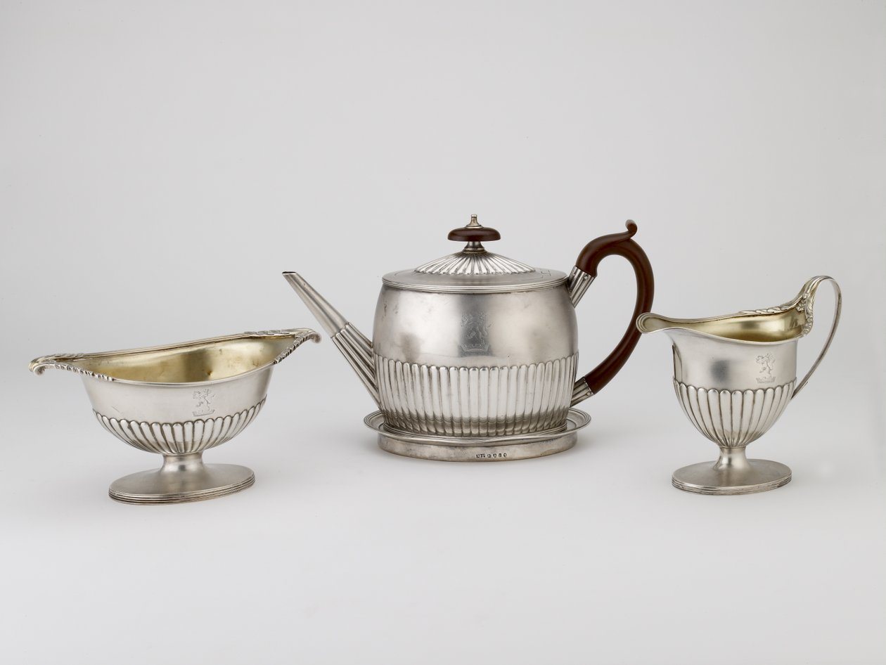 Tekande og stativ, flødekande, sukkerskål, 1794-1795 (sølv) af Michael and Scofield, John Plummer