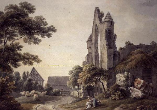 Et ødelagt kloster nær en bondegård (akvarel) af Michael Rooker