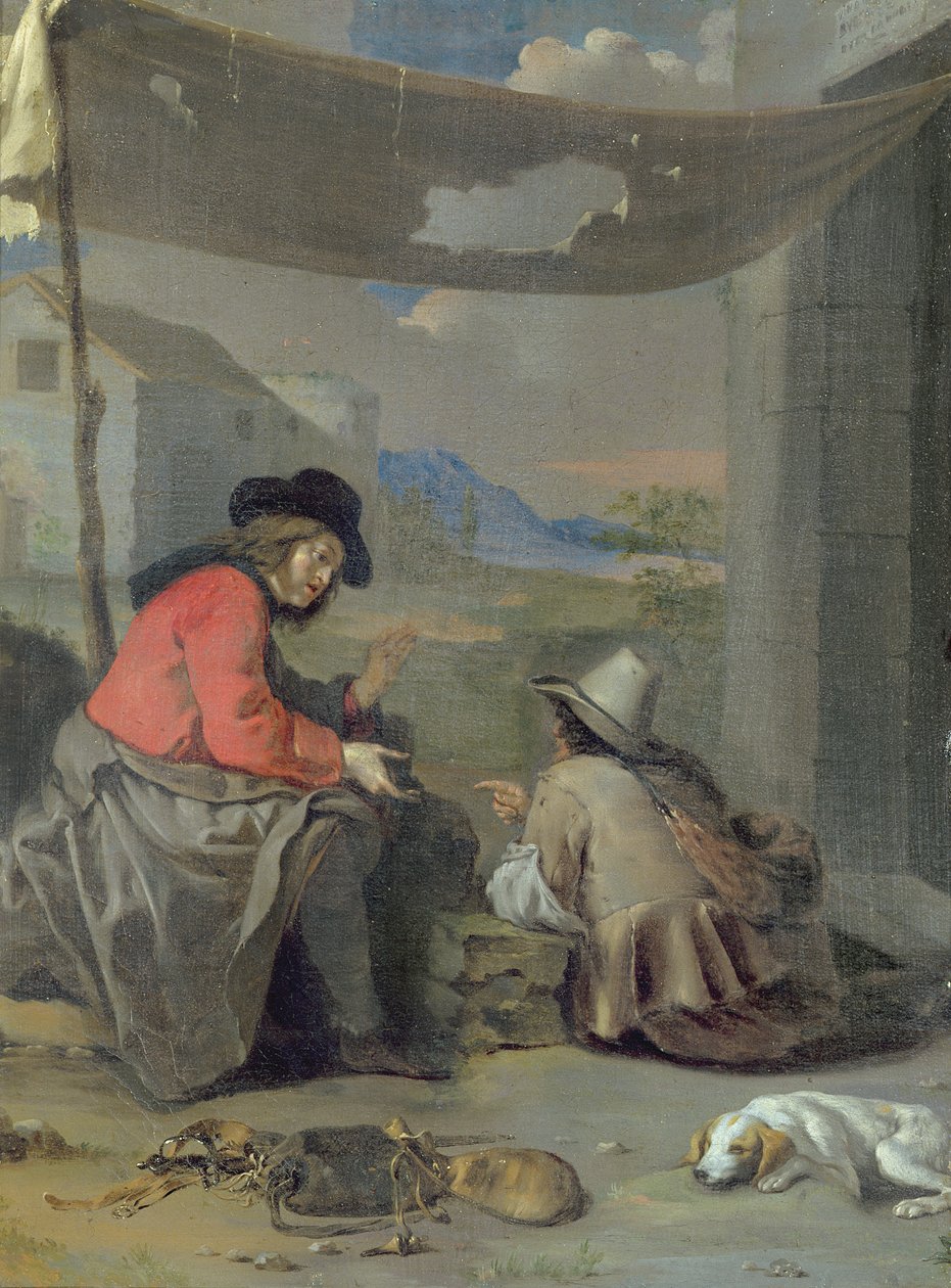 To figurer siddende med en hund (olie om bord) af Michael (attr. to) Sweerts